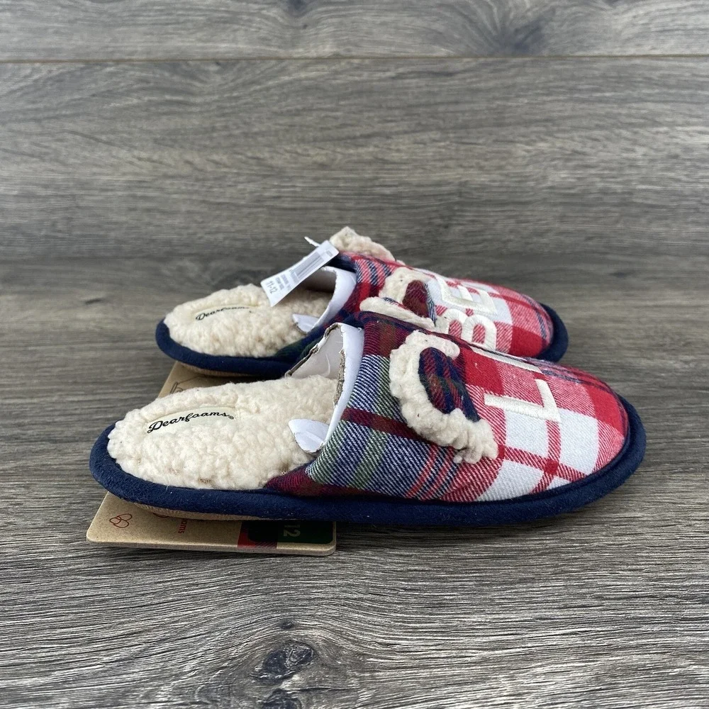 Lil Bear Dearfoam Slippers Youth Size 11- 12‎ Plaid Red Blue